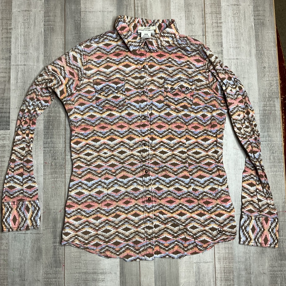 Ariat Womens M Fitted Western Snap Shirt Southwestern Geometric Print Multicolor